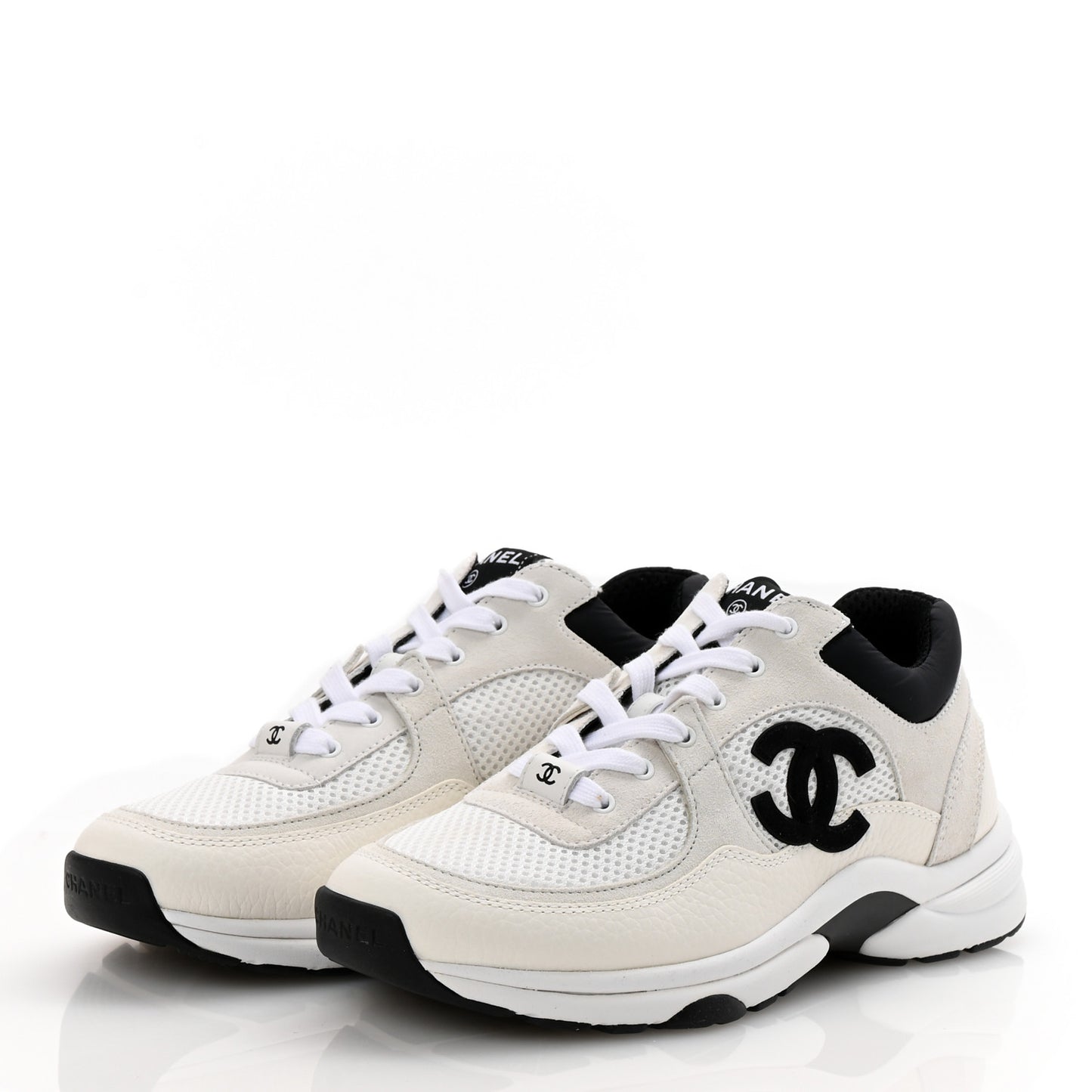 Mesh Suede Calfskin Grained Calfskin Womens CC Sneakers 37.5 White Black