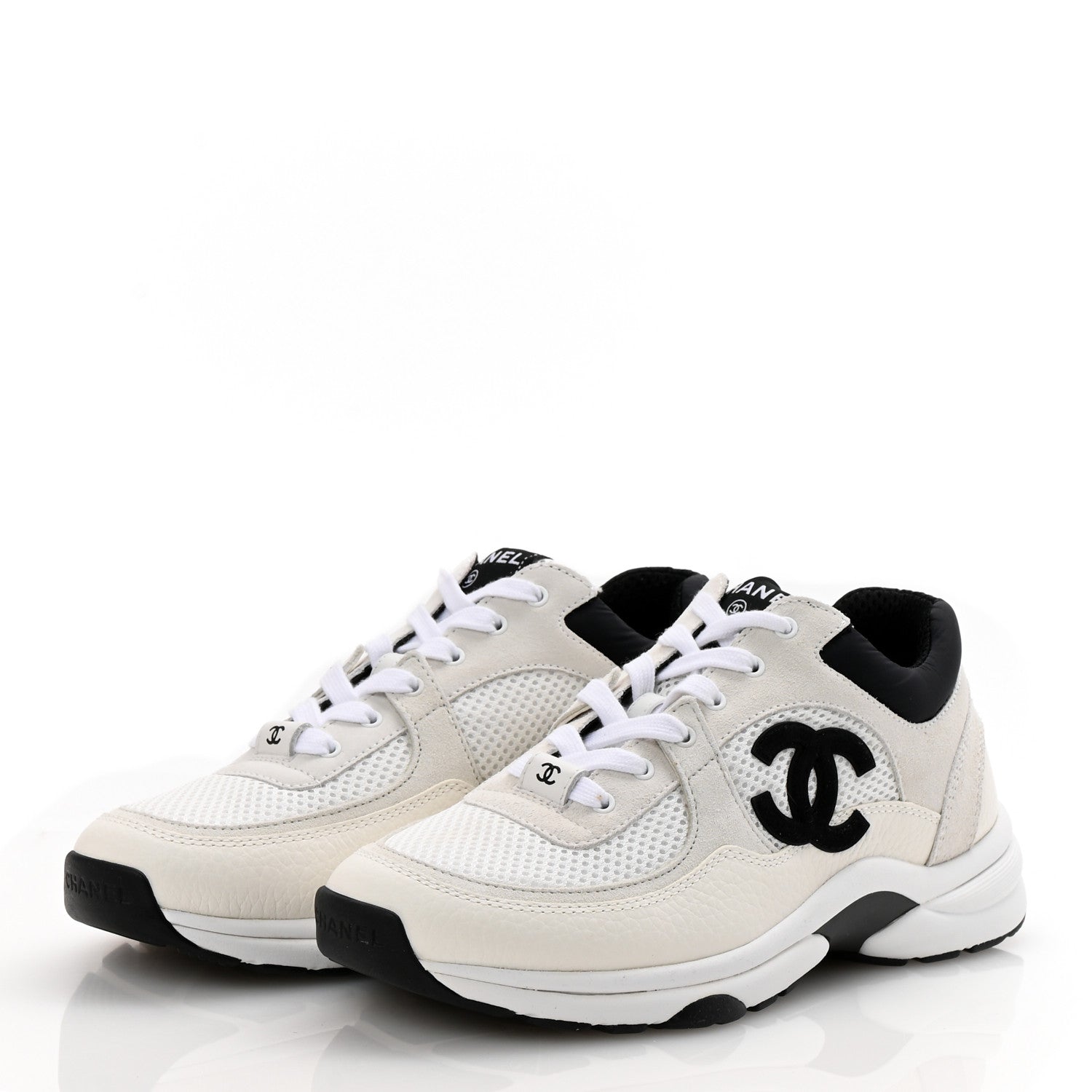 Chanel Mesh Suede Calfskin Grained Calfskin Womens CC Sneakers 37.5 White Black 4 of 10