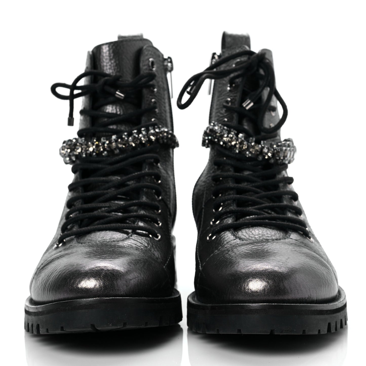 Metallic Grained Calfskin Crystal Embellished Cruz Combat Boots 37.5 Silver