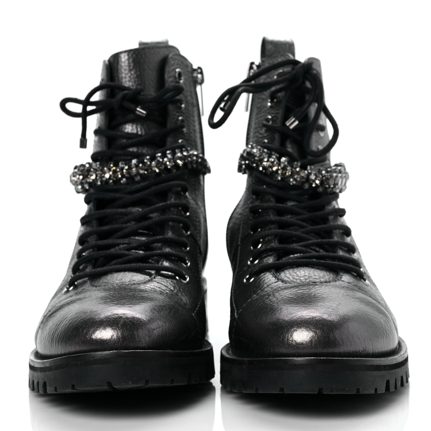 Jimmy Choo Metallic Grained Calfskin Crystal Embellished Cruz Combat Boots 37.5 Silver 2 of 6