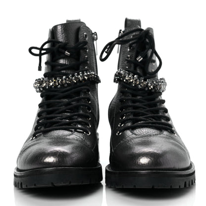 Jimmy Choo Metallic Grained Calfskin Crystal Embellished Cruz Combat Boots 37.5 Silver 2 of 6