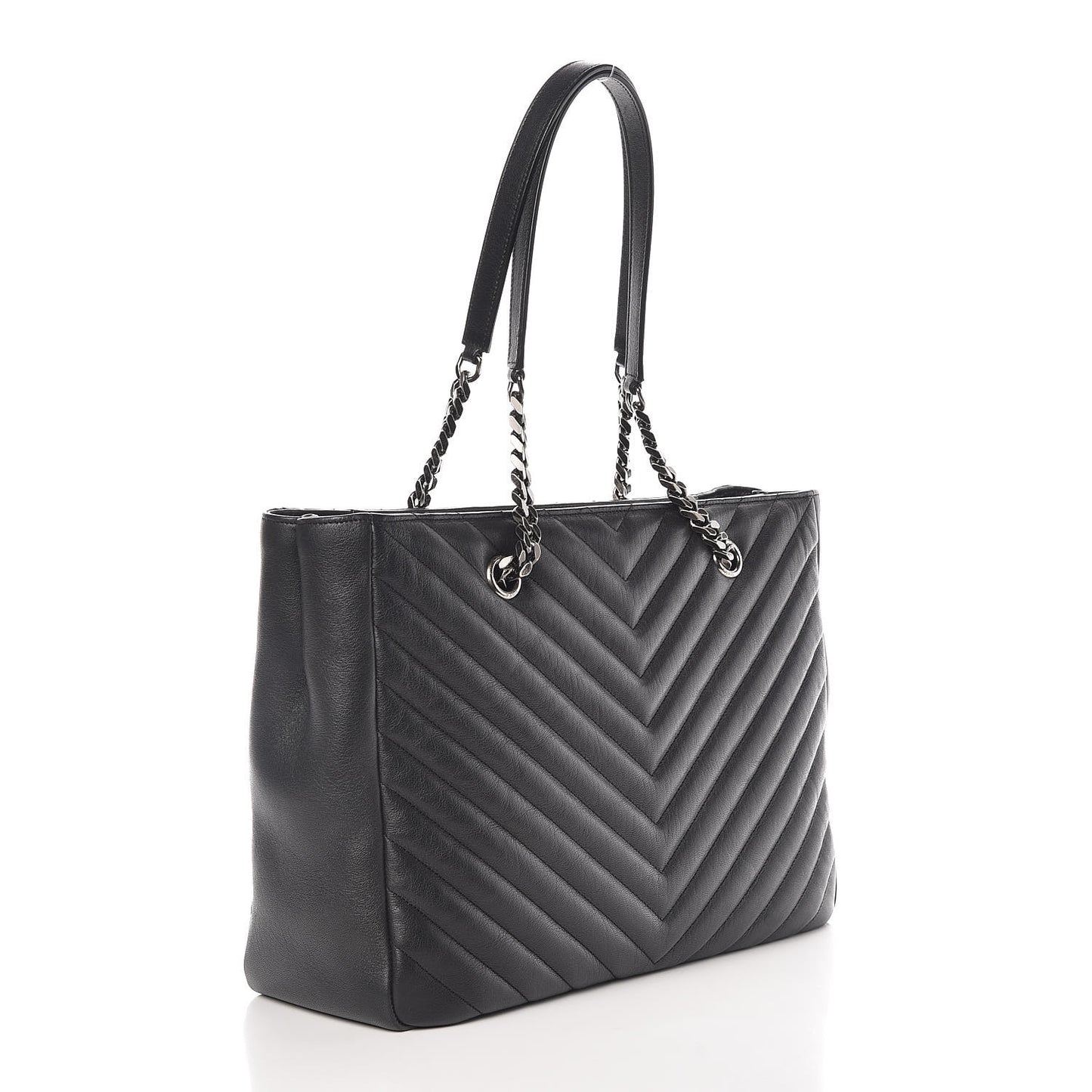 Sheepskin Matelasse Chevron Large Monogram Shopping Bag Black