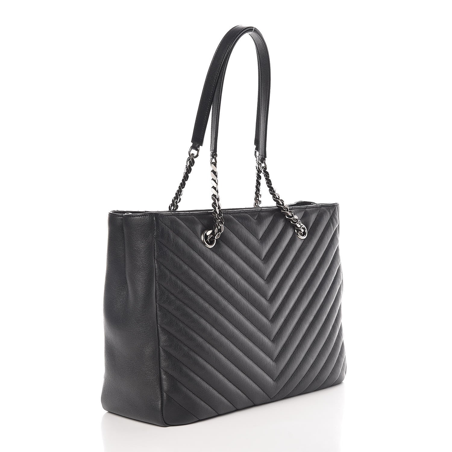 Saint Laurent Sheepskin Matelasse Chevron Large Monogram Shopping Bag Black 3 of 9