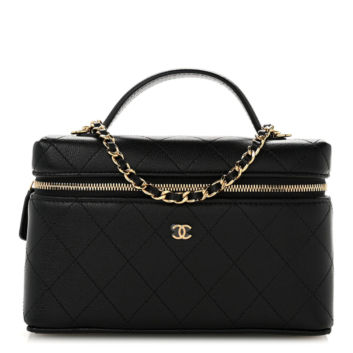 Goatskin Quilted Top Handle Slim Vanity With Chain Black