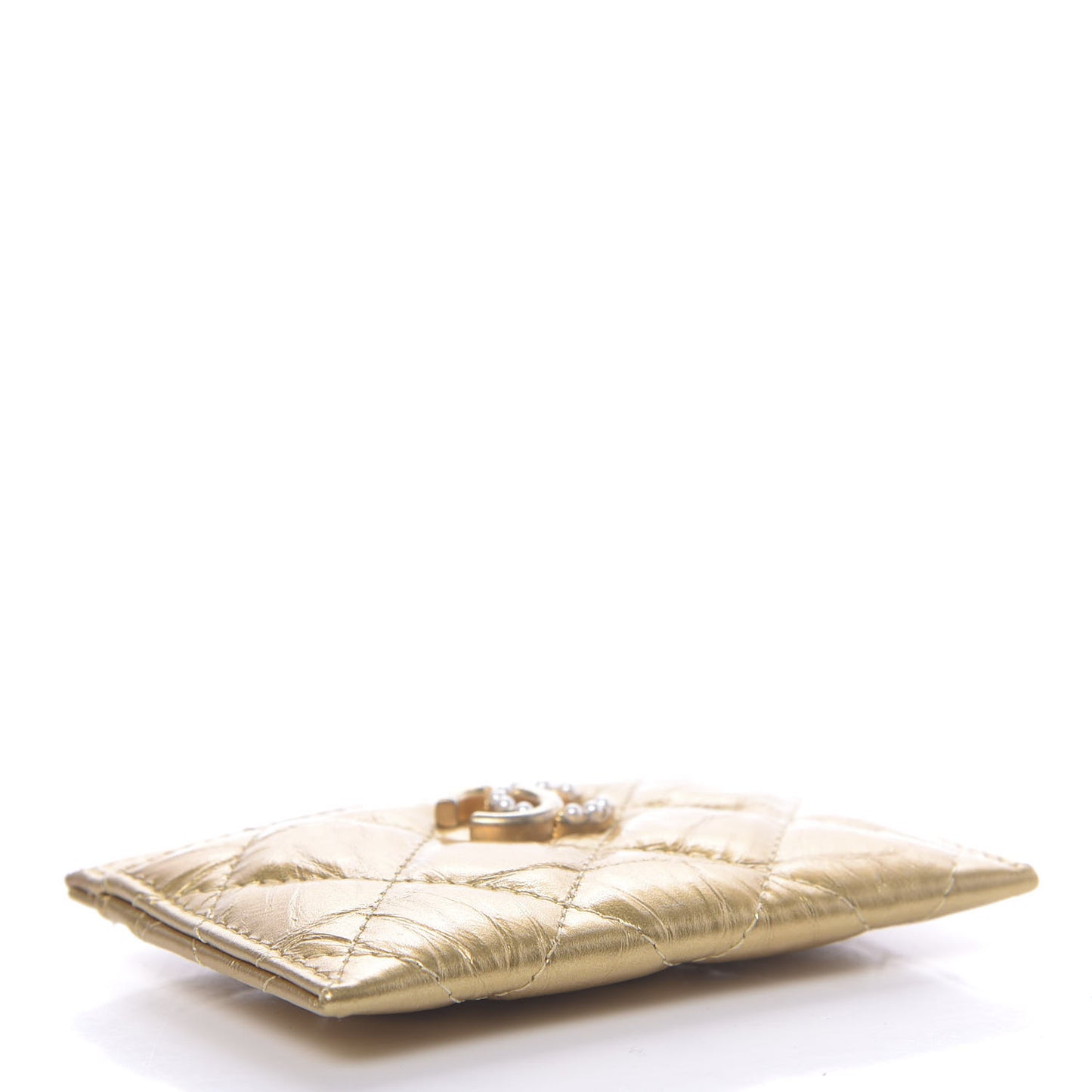 Metallic Aged Calfskin Quilted Card Holder Gold
