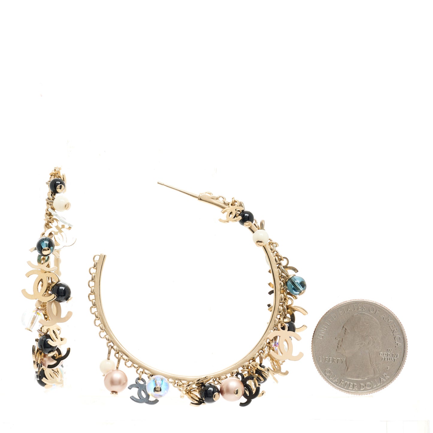 Crystal Bead CC Charm Hoop Earrings Gold Black Pink White