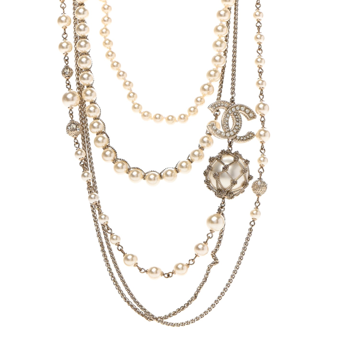 Pearl Chain CC Long Multistrand Necklace Gold