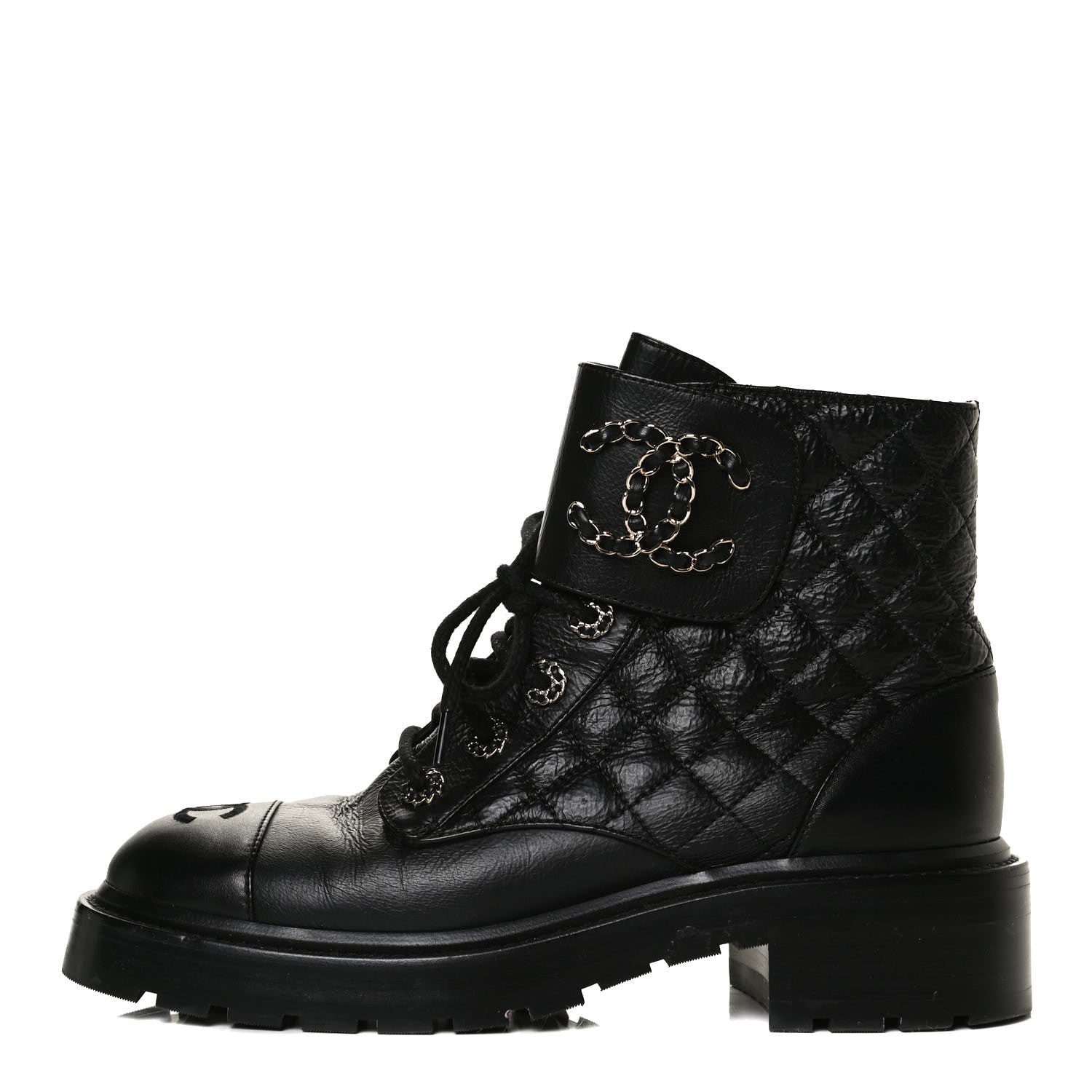 Chanel Shiny Goatskin Calfskin Quilted Lace Up Combat Boots 38 Black 1 of 13