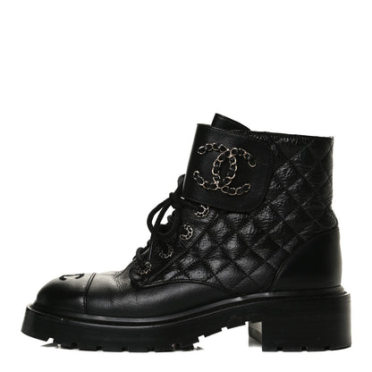 Chanel Shiny Goatskin Calfskin Quilted Lace Up Combat Boots 38 Black 1 of 13