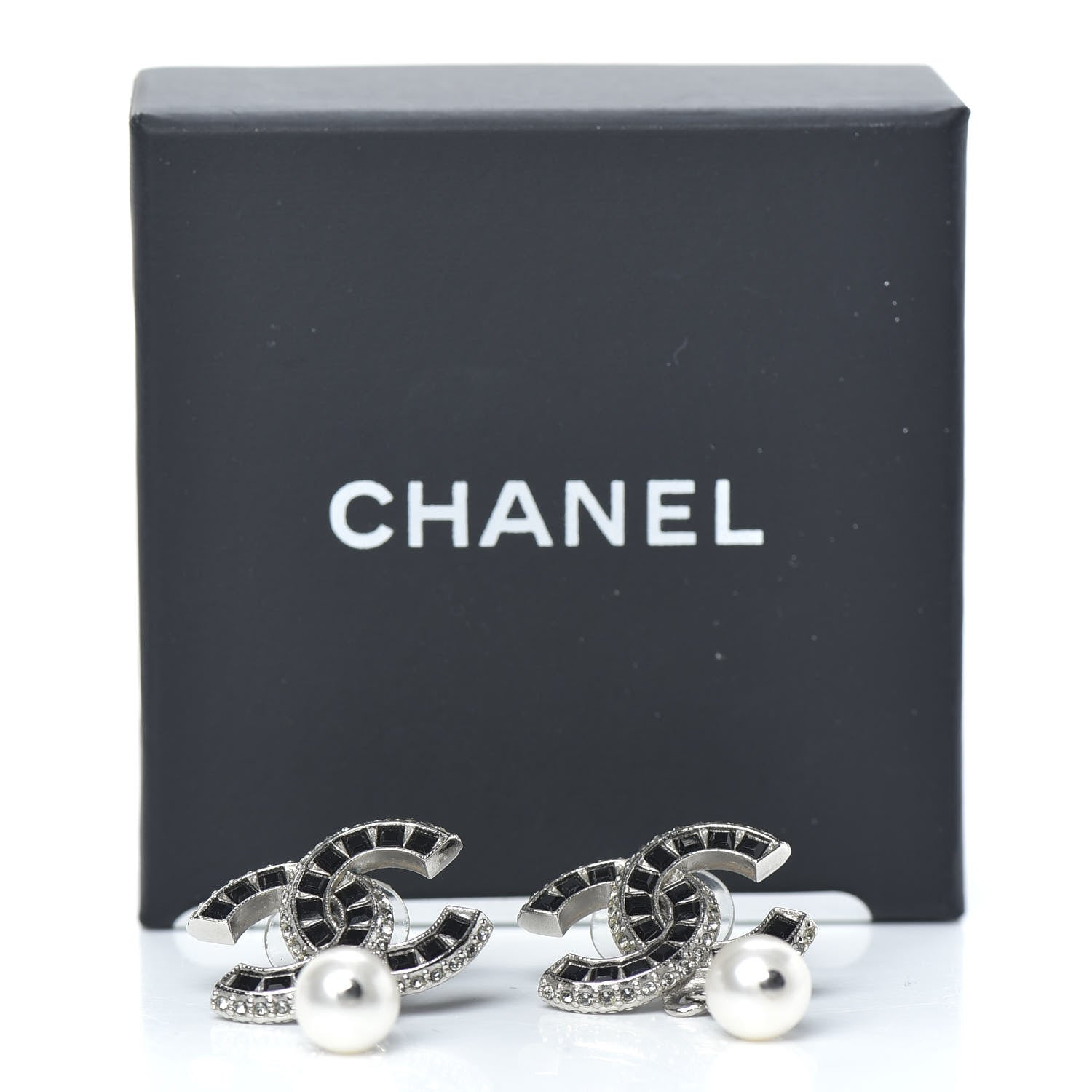 Chanel Baguette Crystal Pearl CC Drop Earrings Silver Black 4 of 4