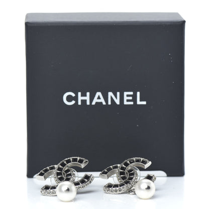 Chanel Baguette Crystal Pearl CC Drop Earrings Silver Black 4 of 4