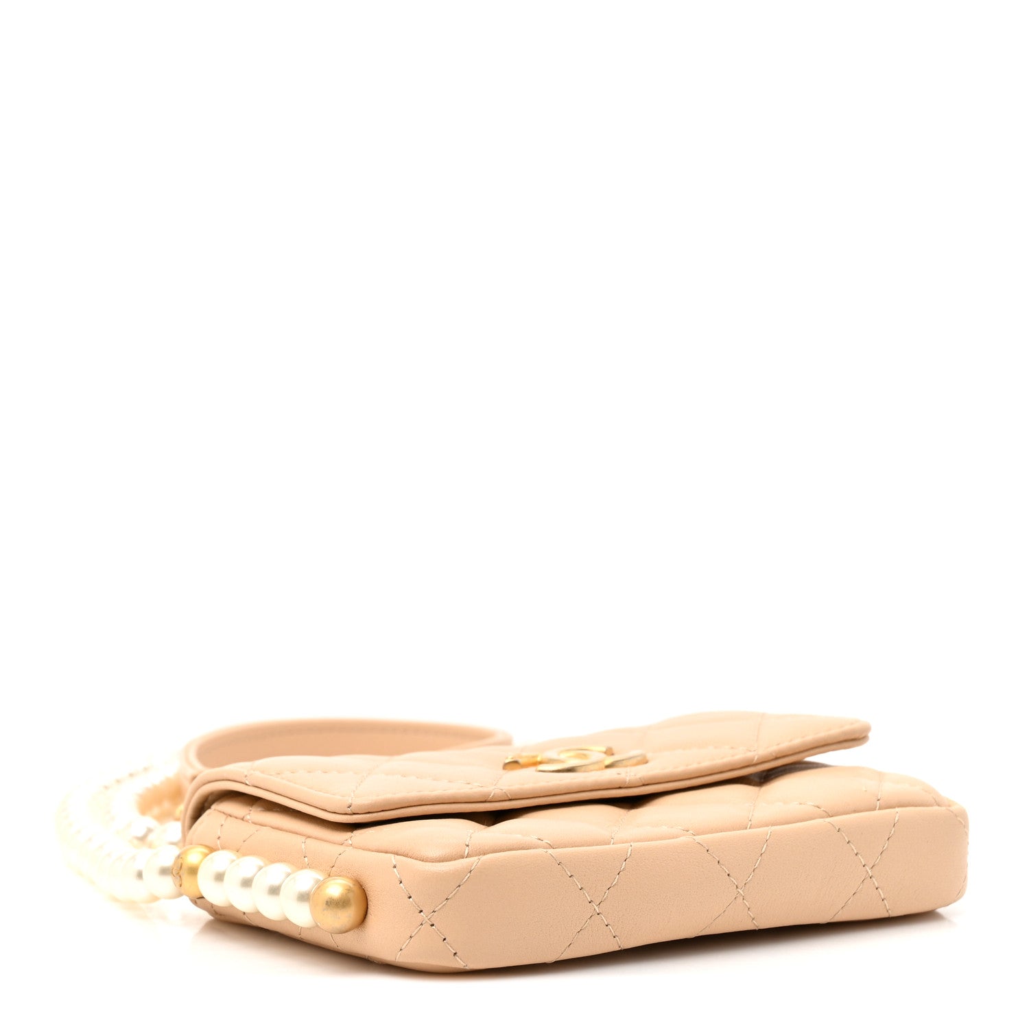 Chanel Calfskin Quilted Maxi Pearls Card Holder Flap With Chain Beige 3 of 9