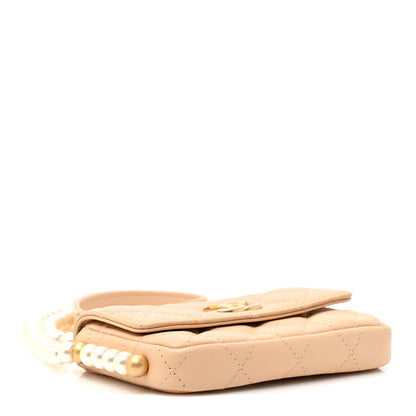 Chanel Calfskin Quilted Maxi Pearls Card Holder Flap With Chain Beige 3 of 9
