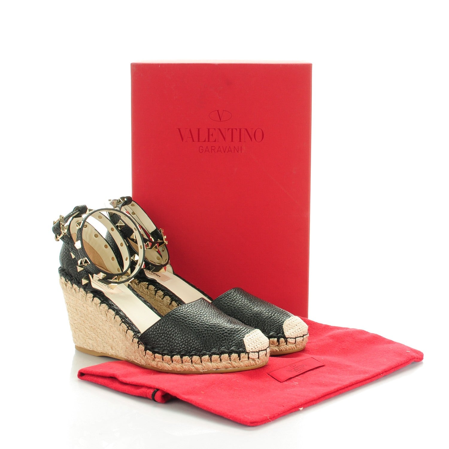 Valentino Garavani Grained Calfskin Rockstud Ankle Wrap Espadrille 15/85mm Wedges 40 Black Light Ivory 8 of 8