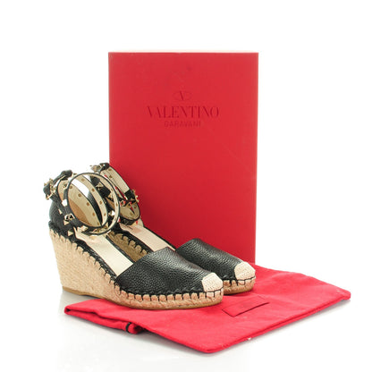 Valentino Garavani Grained Calfskin Rockstud Ankle Wrap Espadrille 15/85mm Wedges 40 Black Light Ivory 8 of 8