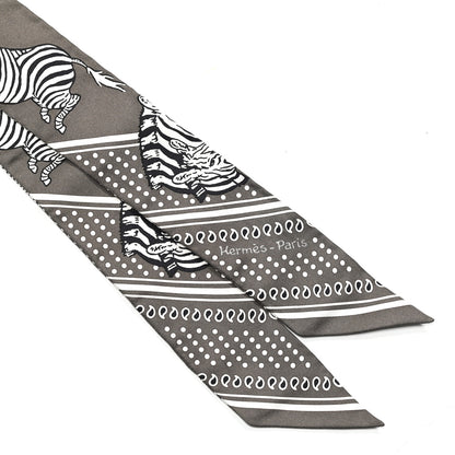Hermes Silk Les Zebres Twilly Gris Taupe Black White 4 of 8