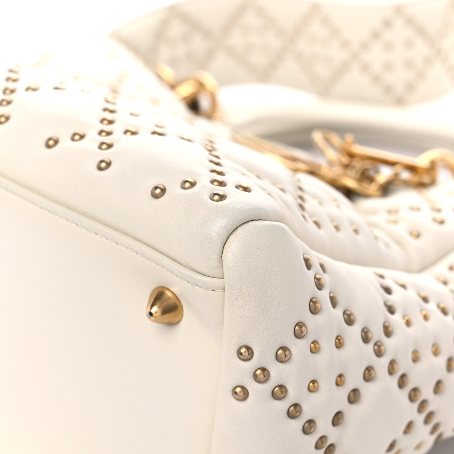Calfskin Cannage Studded Medium Supple Lady Dior White