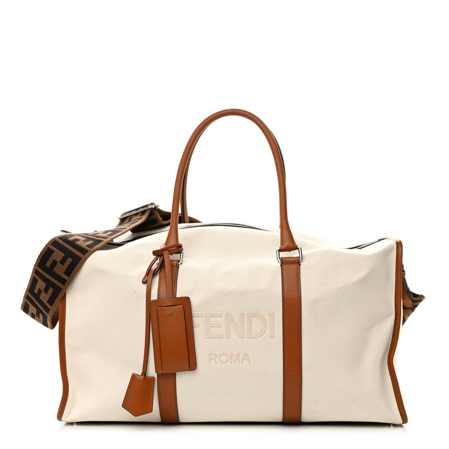 Fendi Canvas Logo Embroidered Duffle Bag Grezzo Cuoio 1 of 18