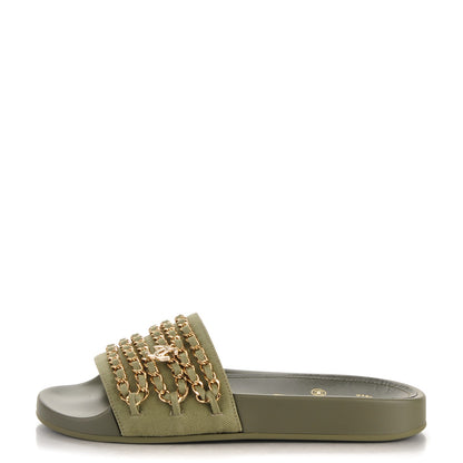 Chanel Lambskin Canvas Chain Flat Sandals 37 Green 1 of 7