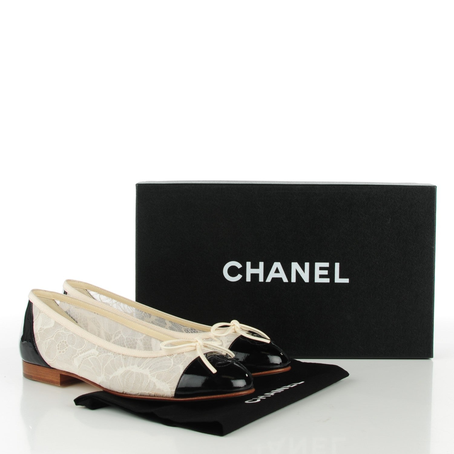Chanel Lace Patent Calfskin Cap Toe CC Ballerina Flats 37 Off White Black 5 of 7