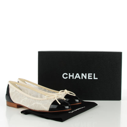 Chanel Lace Patent Calfskin Cap Toe CC Ballerina Flats 37 Off White Black 5 of 7