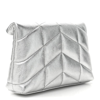 Saint Laurent Metallic Lambskin Monogram Loulou Puffer Pouch Clutch Silver 4 of 13