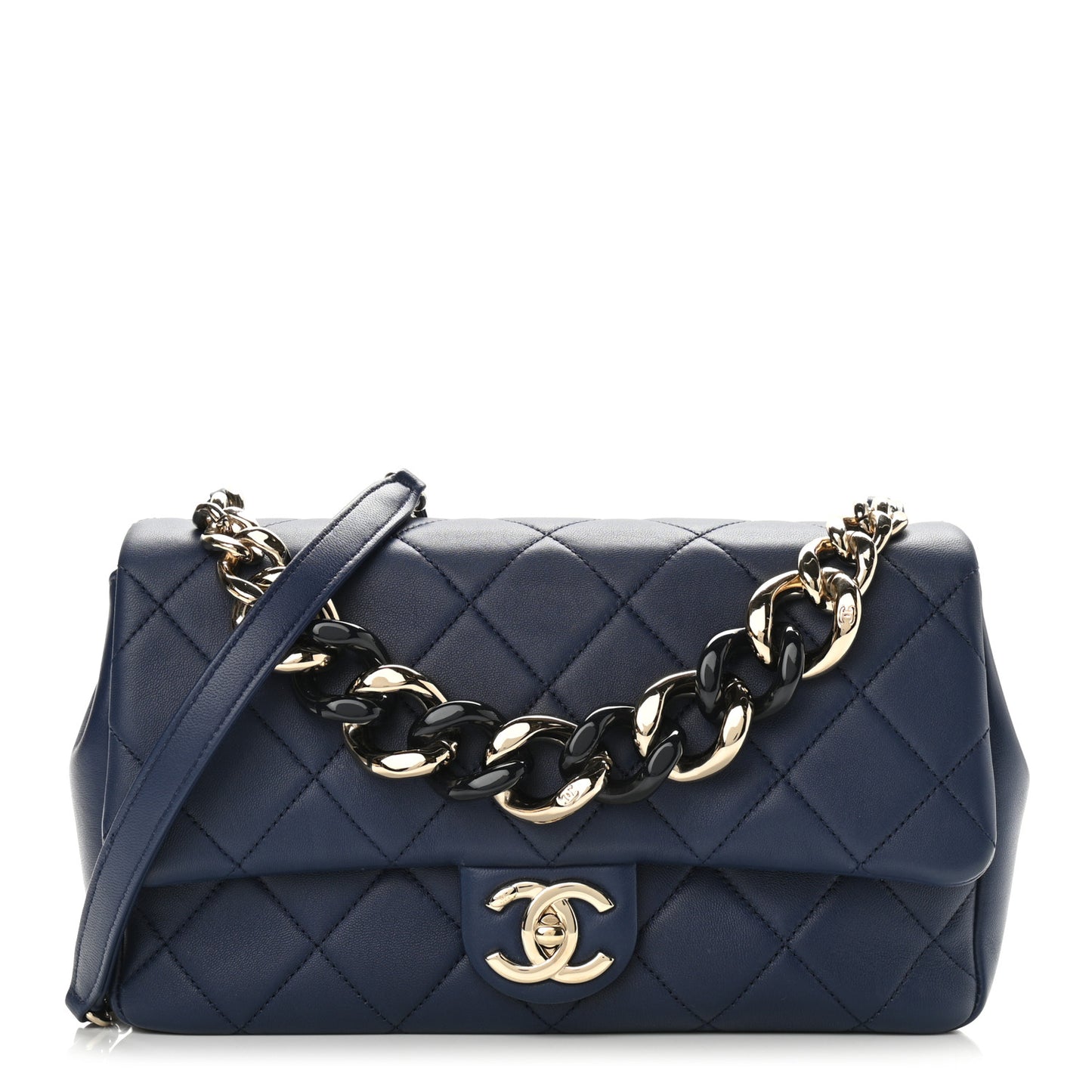 Lambskin Quilted Resin Bi-Color Chain Flap Bag Navy