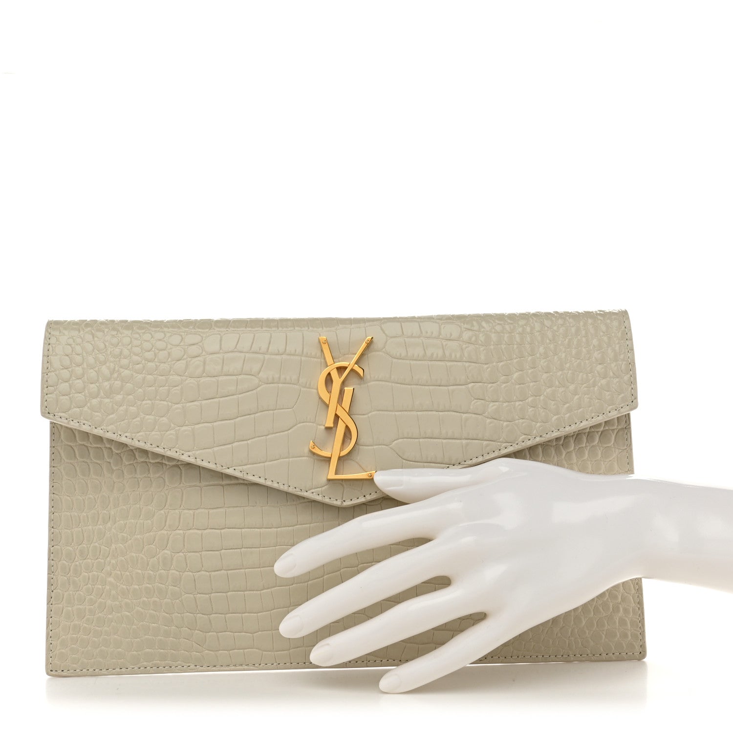 Saint Laurent Calfskin Crocodile Embossed Uptown Monogram Pouch Crema Soft 2 of 7