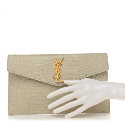 Saint Laurent Calfskin Crocodile Embossed Uptown Monogram Pouch Crema Soft 2 of 7