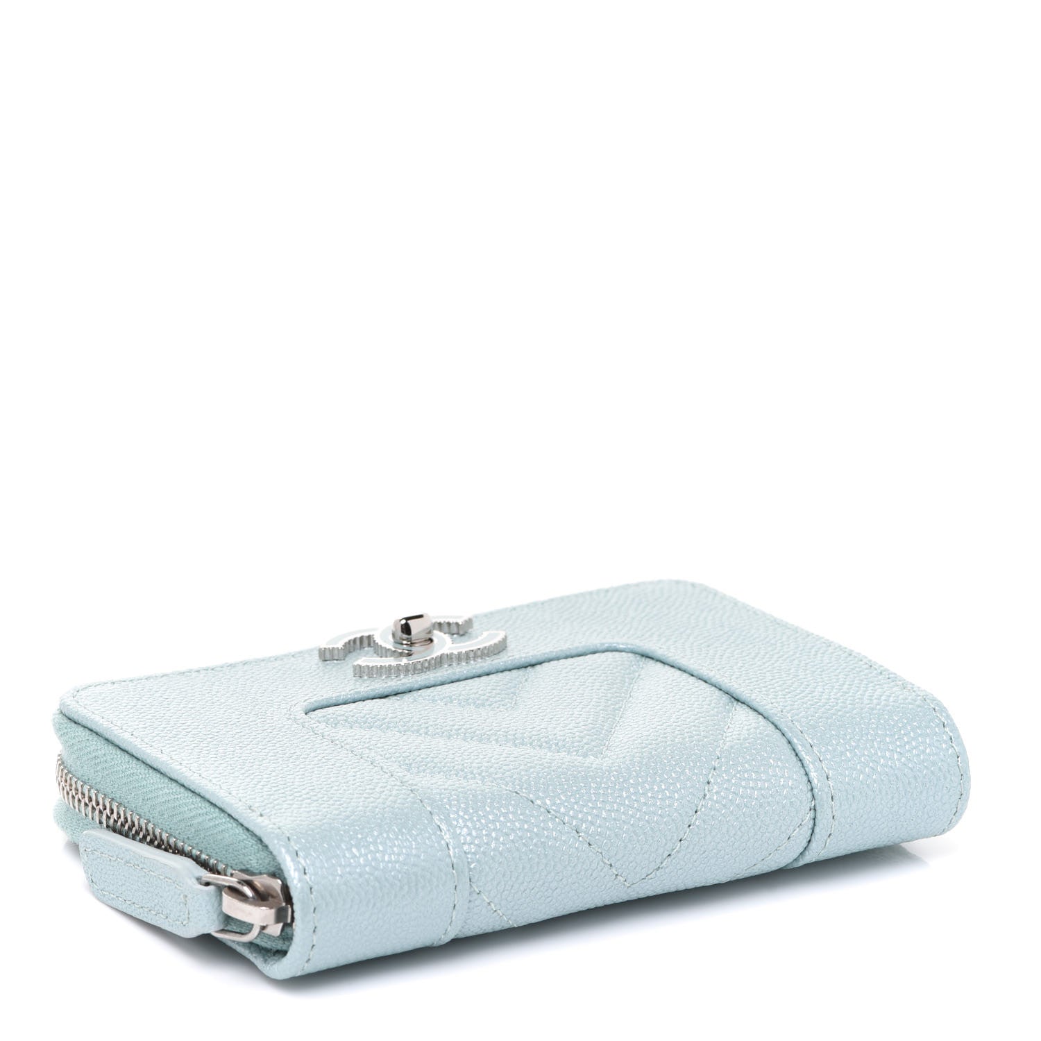 Chanel Metallic Caviar Chevron Quilted Vintage Mademoiselle Zip Coin Purse Light Blue 4 of 7