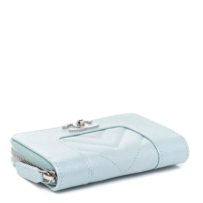 Chanel Metallic Caviar Chevron Quilted Vintage Mademoiselle Zip Coin Purse Light Blue 4 of 7