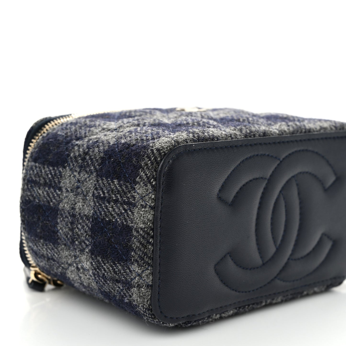 Wool Plaid Quilted Small Vanity Case With Chain Blue