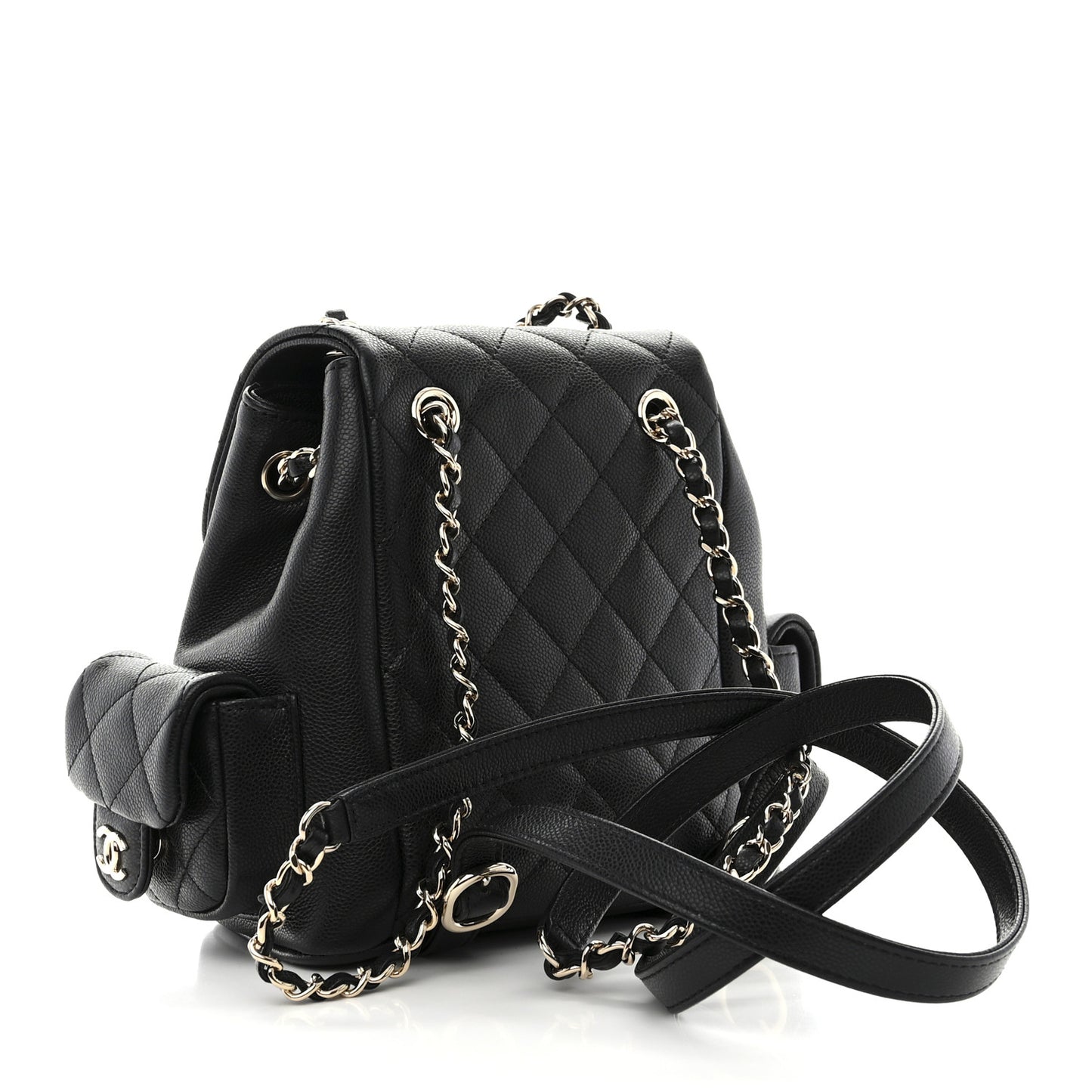 Shiny Caviar Quilted Small Pockets Drawstring Backpack Black