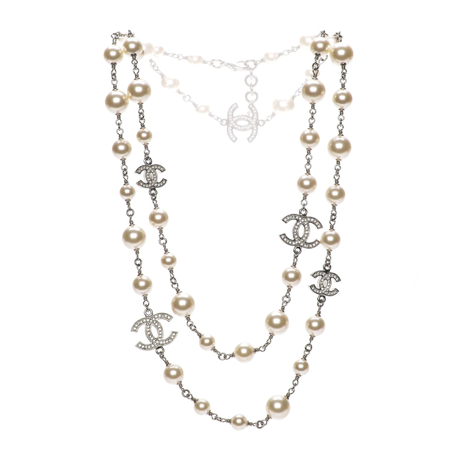 Crystal Pearl CC Long Necklace Silver