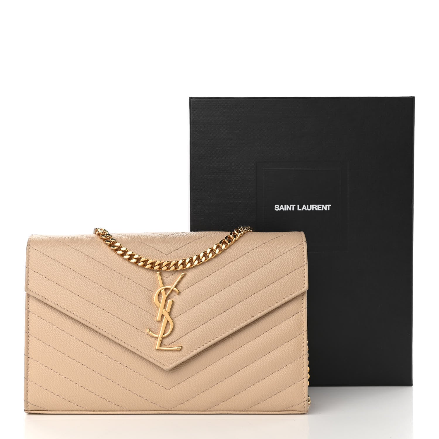 Saint Laurent Grain De Poudre Matelasse Chevron Monogram Chain Wallet Nude Powder 18 of 20