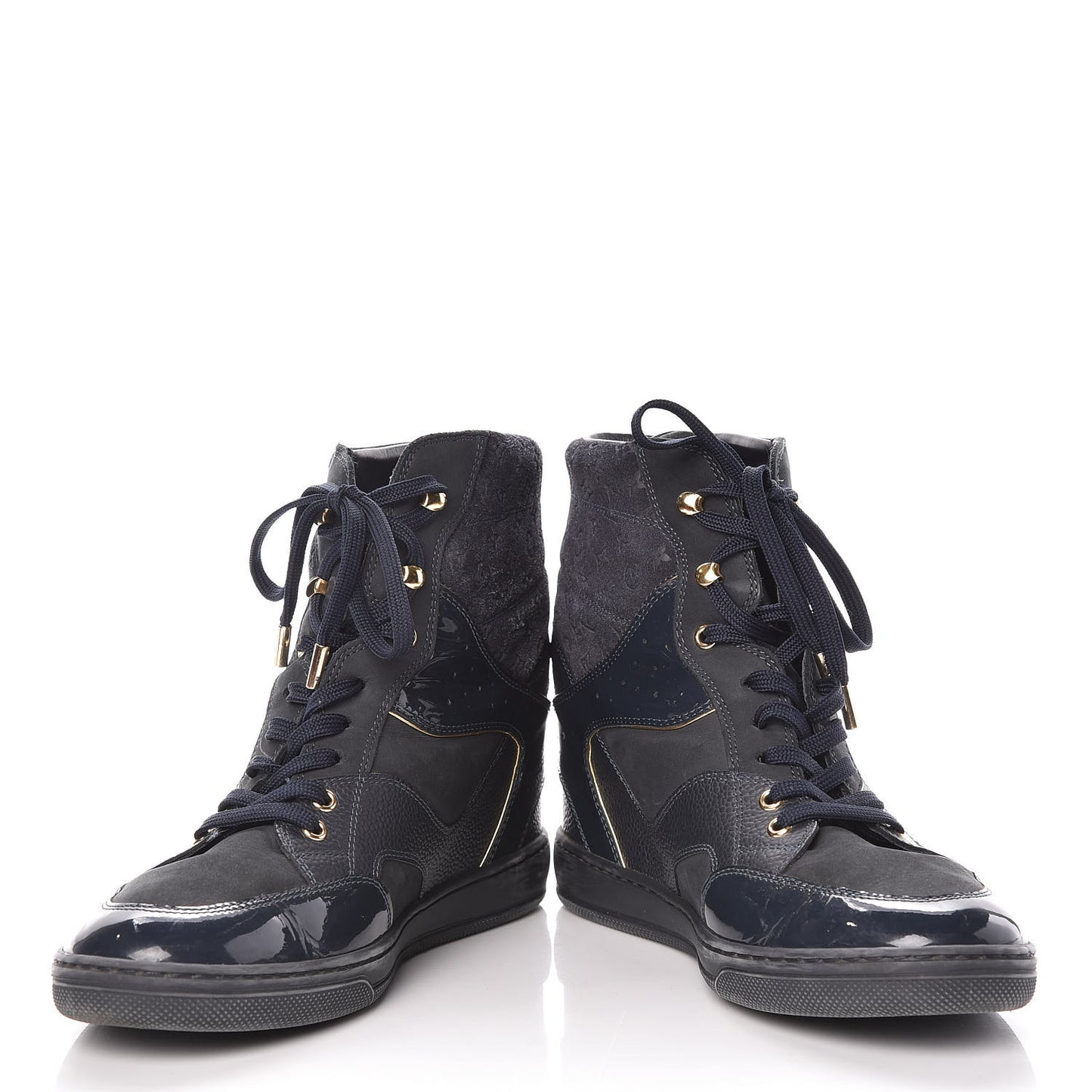 Calfskin Patent Suede Monogram Cliff Top Wedge Sneakers 41Navy