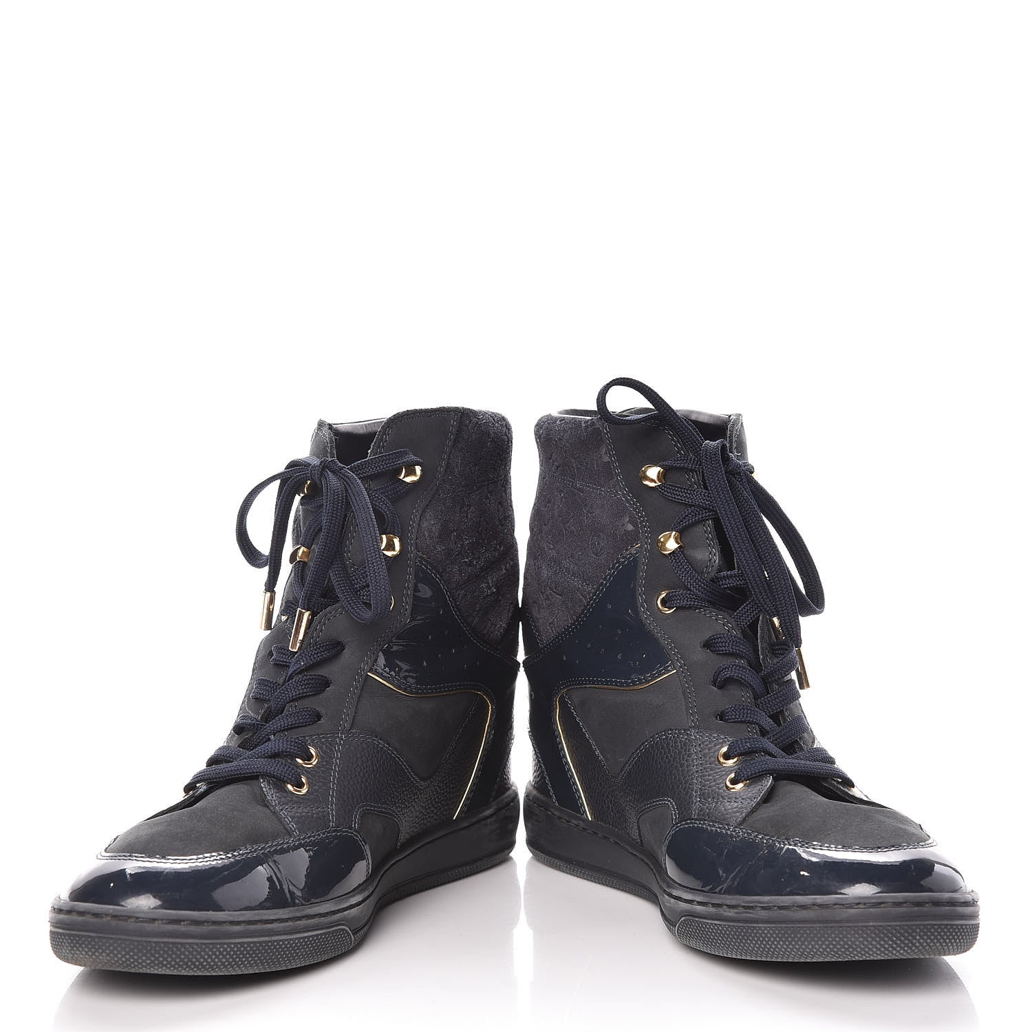 Louis Vuitton Calfskin Patent Suede Monogram Cliff Top Wedge Sneakers 41Navy 5 of 9