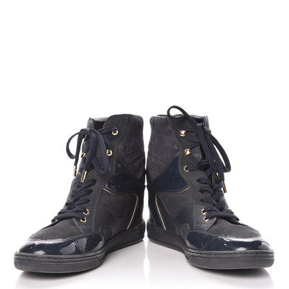 Louis Vuitton Calfskin Patent Suede Monogram Cliff Top Wedge Sneakers 41Navy 5 of 9