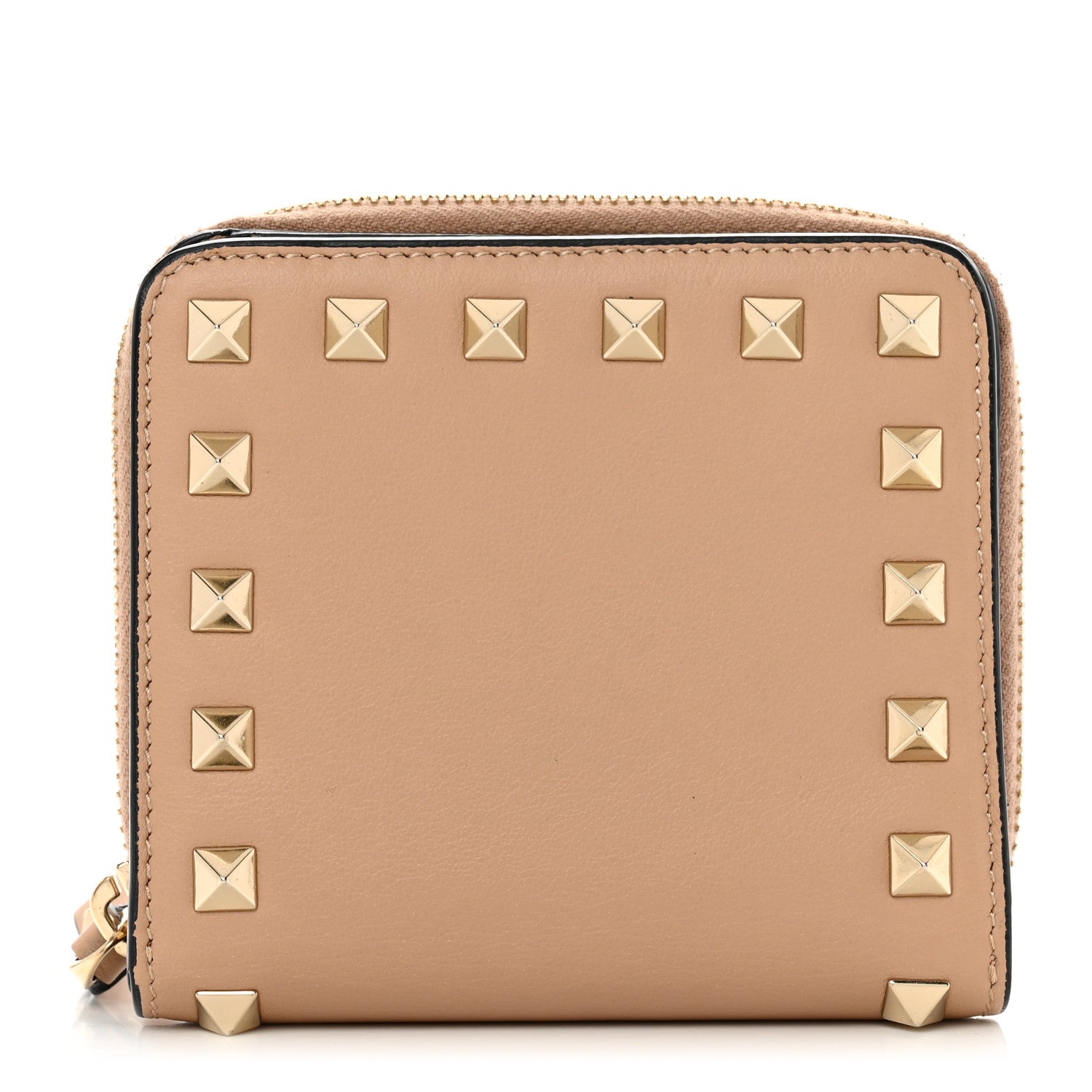 Valentino Garavani Calfskin Rockstud Compact Zip Around Wallet Camel Rose 1 of 11