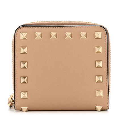 Valentino Garavani Calfskin Rockstud Compact Zip Around Wallet Camel Rose 1 of 11