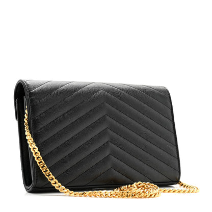 Saint Laurent Grain De Poudre Matelasse Chevron Monogram Chain Wallet Black 2 of 11