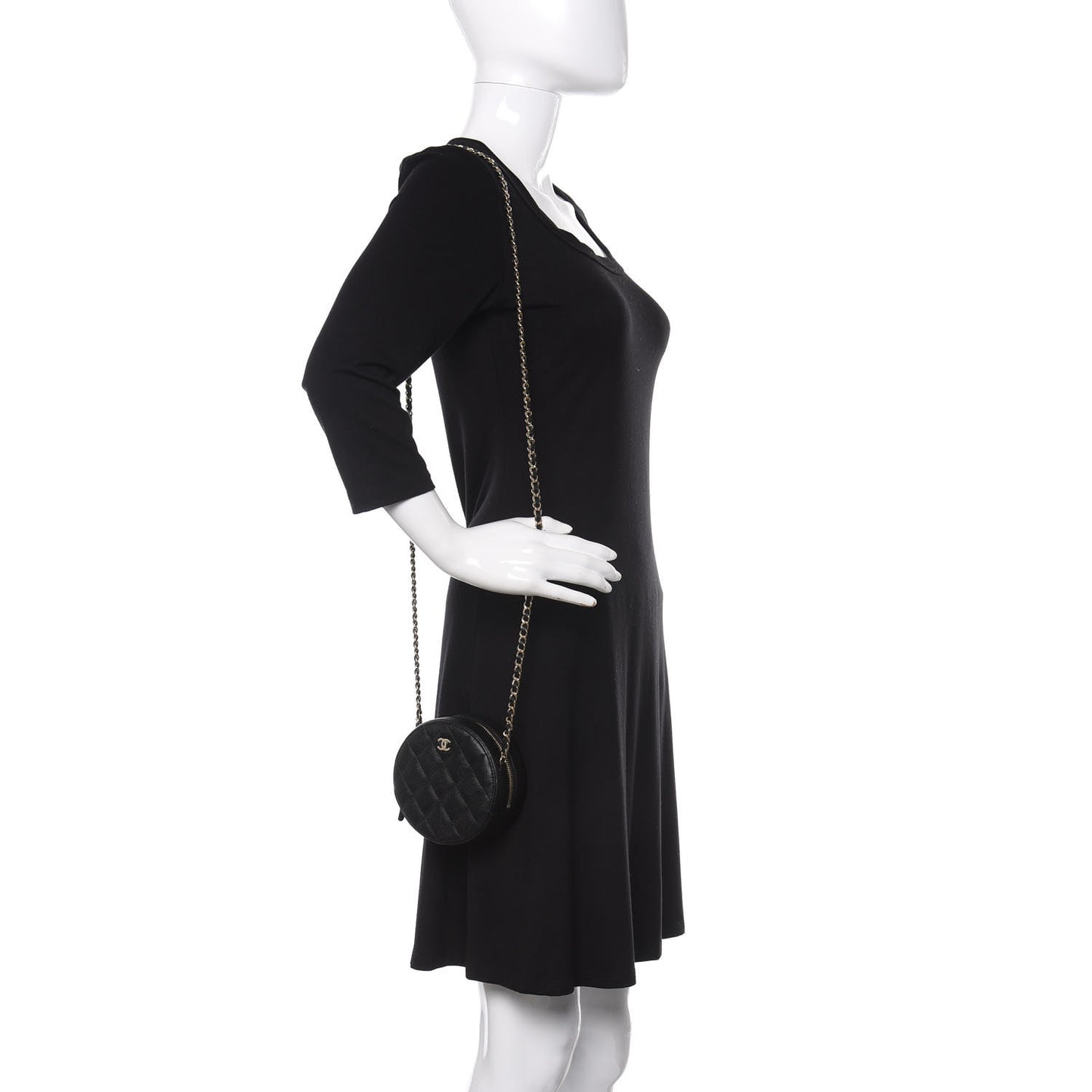 Caviar Quilted Round Clutch With Chain Black