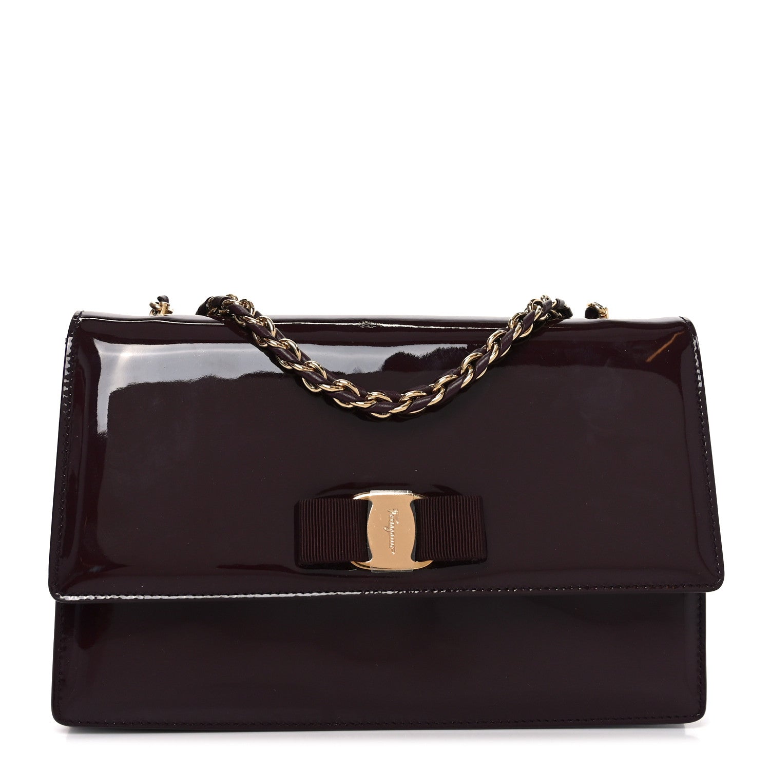 Salvatore Ferragamo Patent Ginny Vara Bow Shoulder Bag Rouge Black 2 of 19