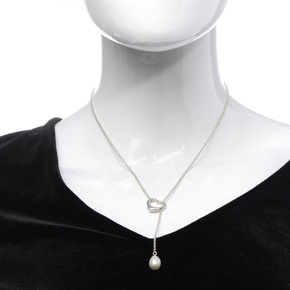Tiffany Sterling Silver Pearl 9-9.5mm Elsa Peretti Open Heart Lariat Necklace 2 of 6