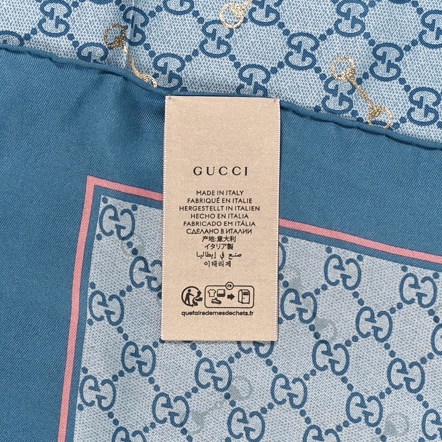 Gucci Silk Twill GG Monogram GG Gold Horsebit Square Scarf Bluette Pink 3 of 3
