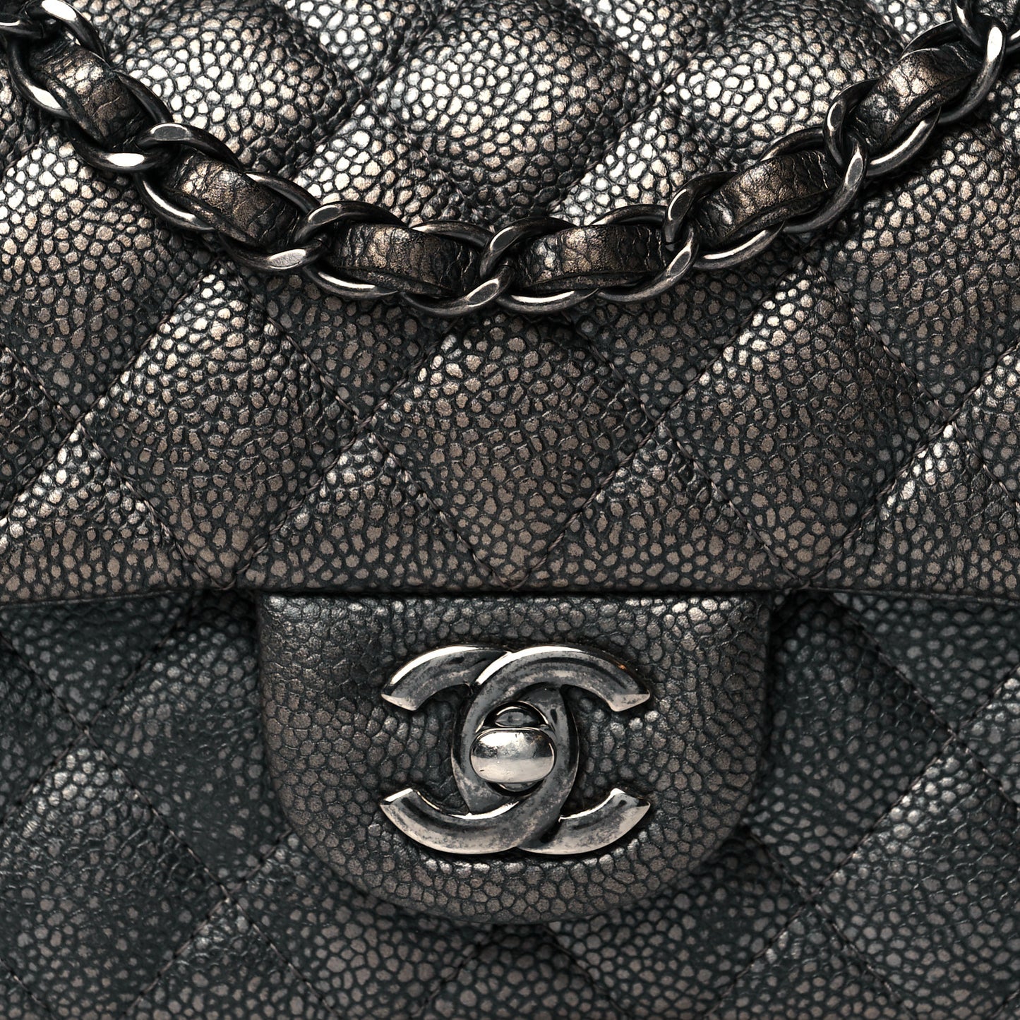 Metallic Caviar Quilted Mini Rectangular Flap Dark Grey