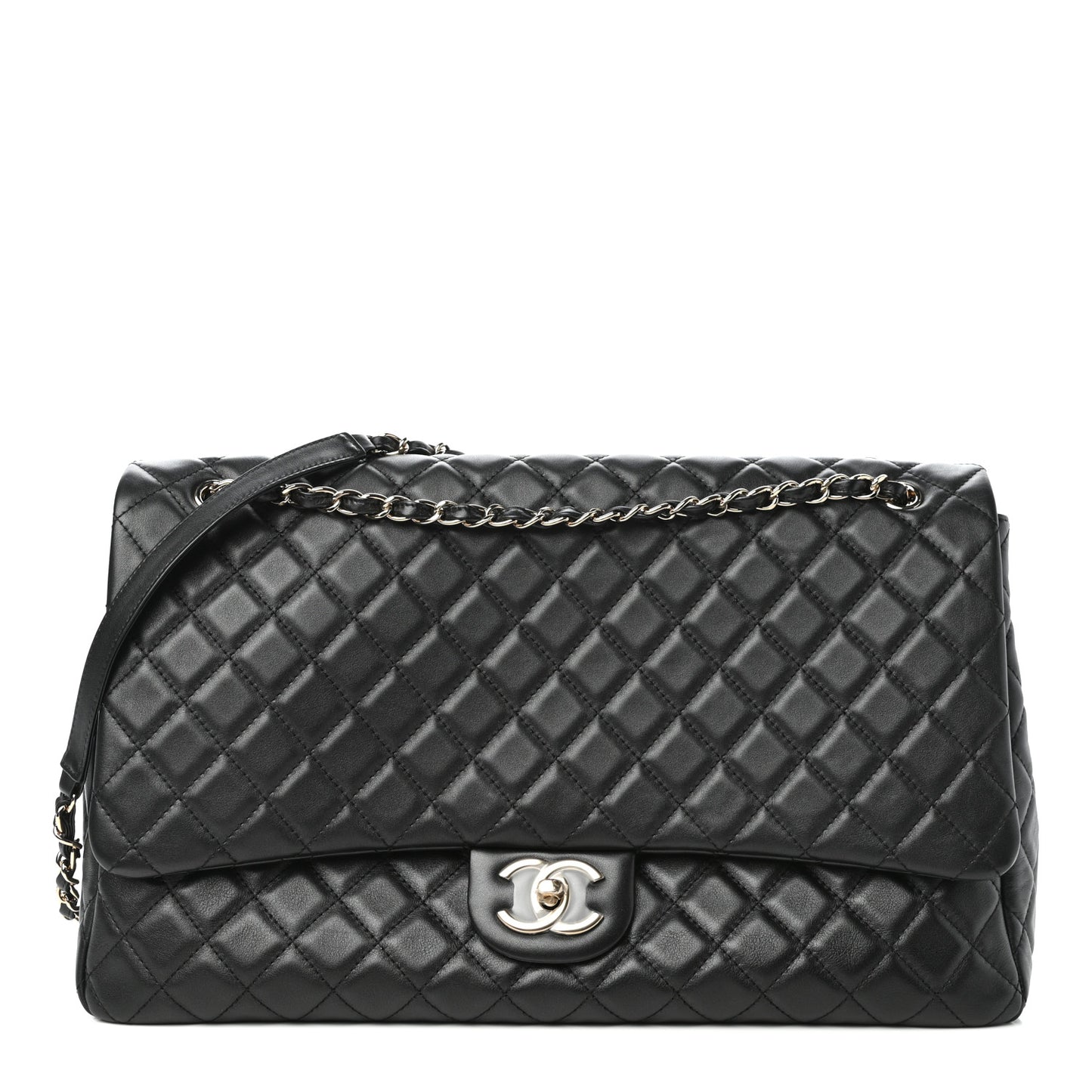 Metallized Calfskin Quilted XXL Travel Flap Bag Black