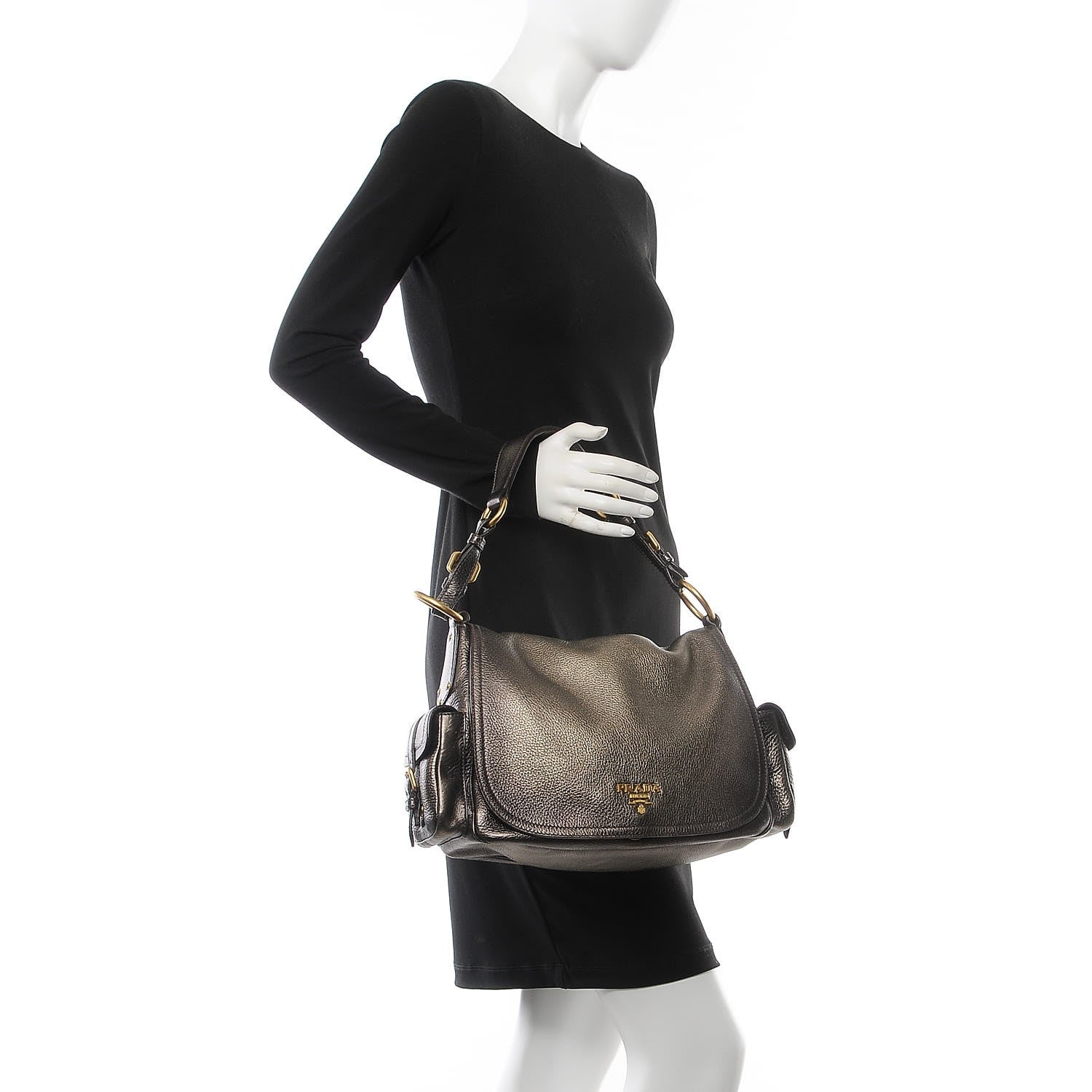 Prada Metallic Vitello Daino Shoulder Flap Bag Piombo 2 of 7