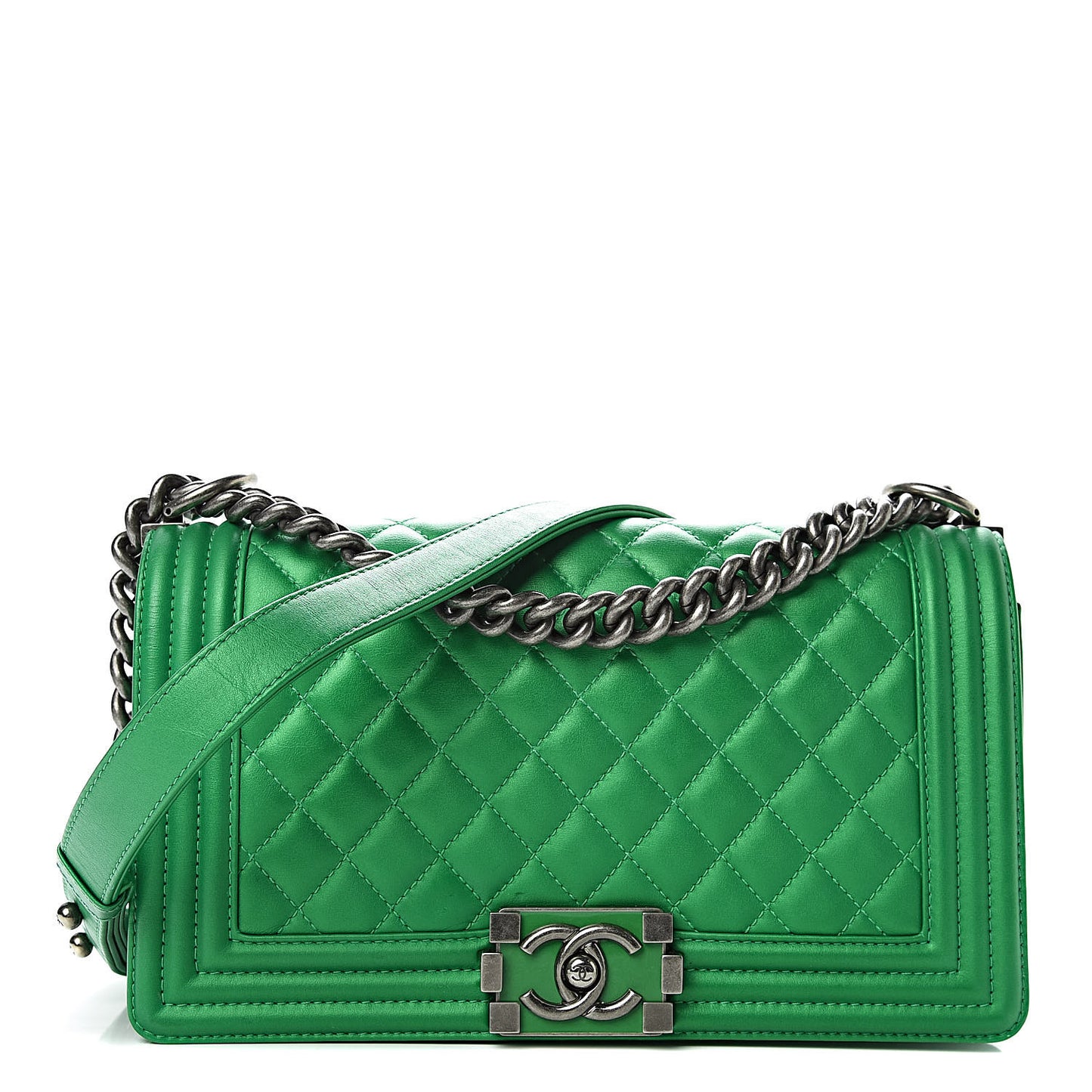 Metallic Calfskin Quilted Medium Boy Flap Green