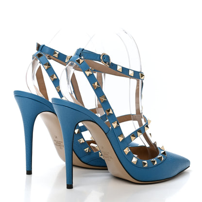 Valentino Garavani Pebbled Calfskin Rockstud Ankle Strap Pumps 41 Light Blue 3 of 4